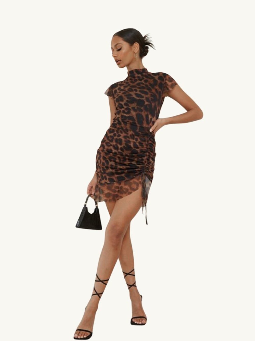PrettyLittleThing Sz 6 Leopard Print Mesh Ruched Mini Dress Sexy Feminine